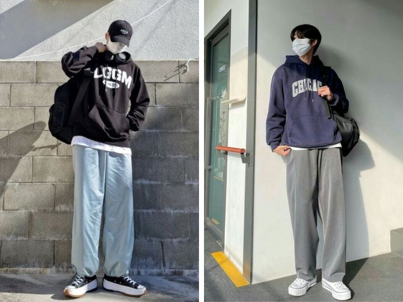 Áo hoodie mix quần ống rộng