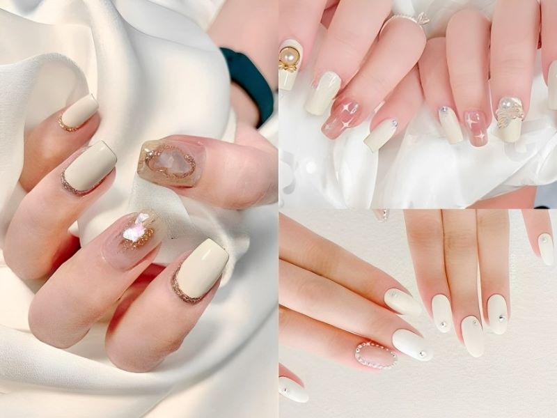 Mẫu nail màu trắng đính đá