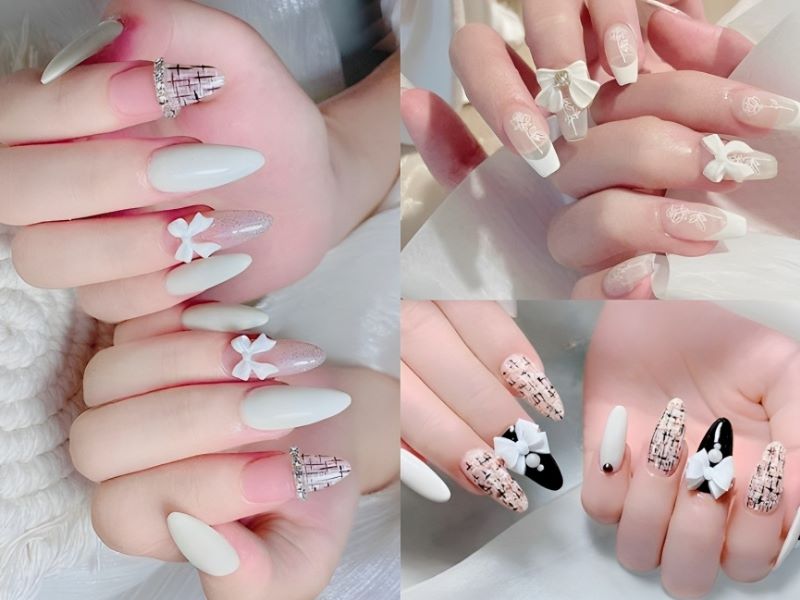 Nail nơ trắng hoạ tiết dễ thương