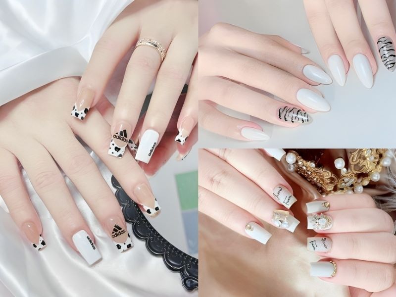 Nail trắng đính nơNail trắng vẽ hoạ tiết