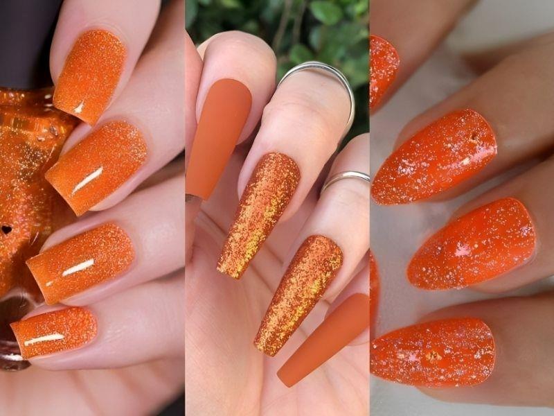 Mẫu nail kim tuyến màu cam ấn tượng, đẹp mắt 