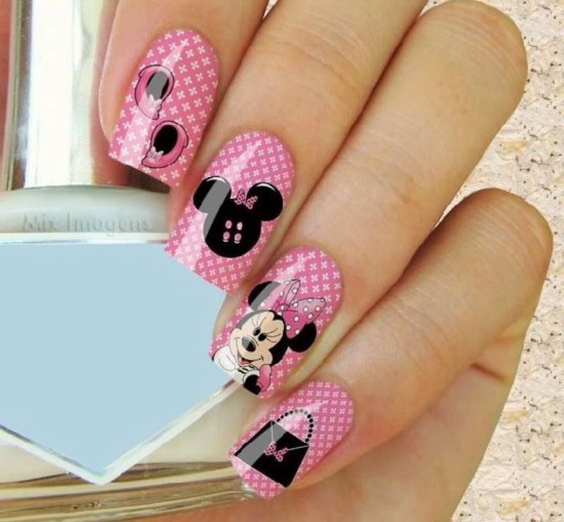 Nail chuột mickey hồng chấm bi