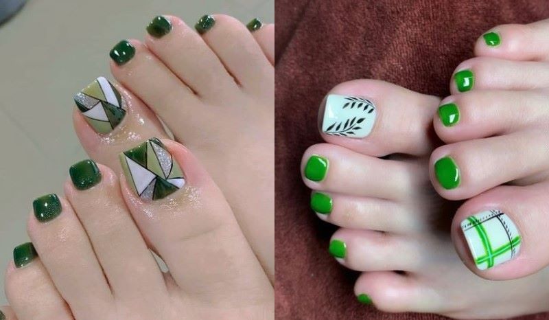 Nail chân màu xanh dương với các đường kẻ gọn gàng mang hình dáng độc đáo, tinh tế 