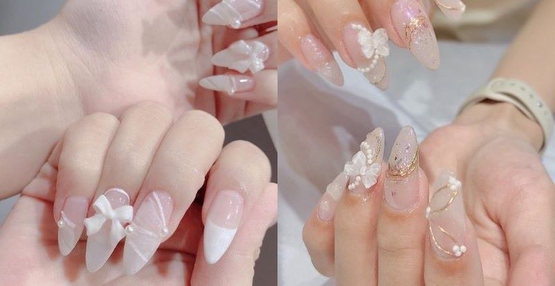 nail cô dâu màu hồng nhạt sang trọng