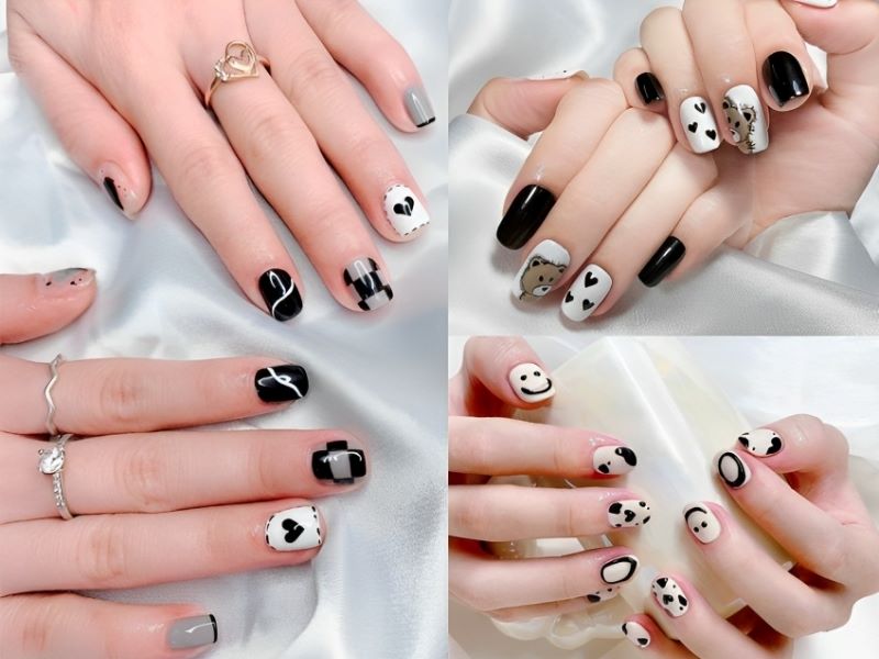 Mẫu nail màu trắng đen 