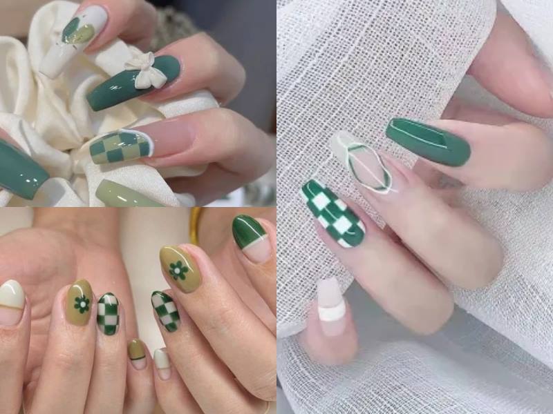 Nail xanh lá hoạ tiết caro đơn giản mà sang