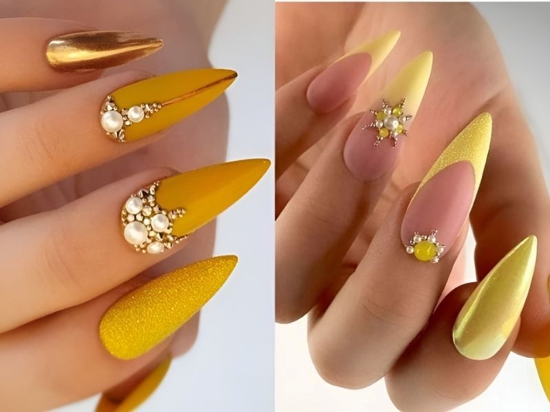 Nail màu vàng đính đá móng nhọn kiểu Pháp