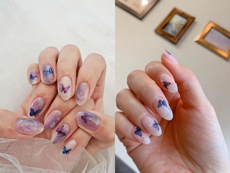 Nail họa tiết bướm kết hợp đính đá, kim tuyến sẽ tăng thêm vẻ quý phái, lung linh