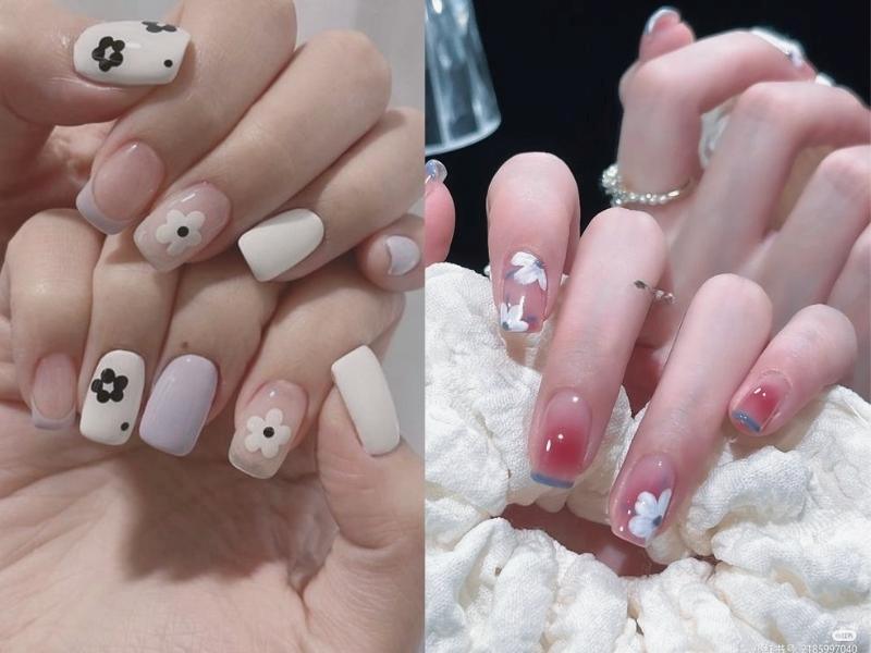 Kiểu nail Hàn Quốc vẽ hoa thường có màu nhạt, vẽ hoa đơn giản, tự nhiên 