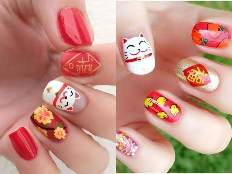 Mẫu nails Tết họa tiết mèo thần tài