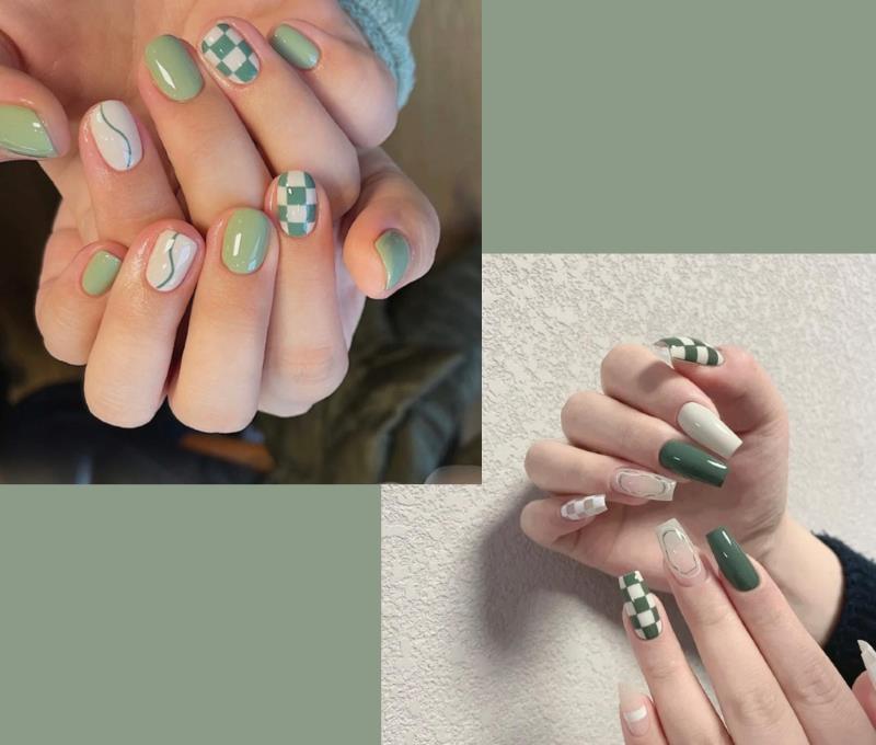 những mẫu nail kẻ caro xanh mint 