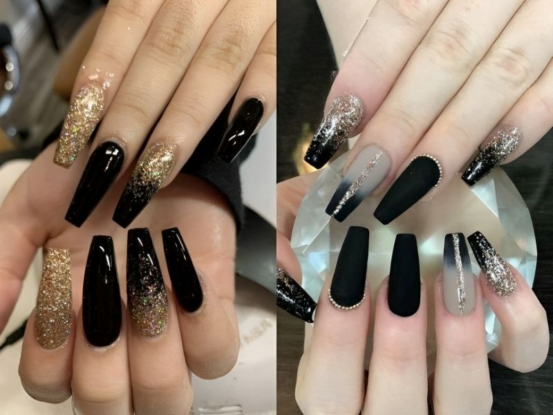 Mẫu nail kim tuyến màu đen đẹp mắt