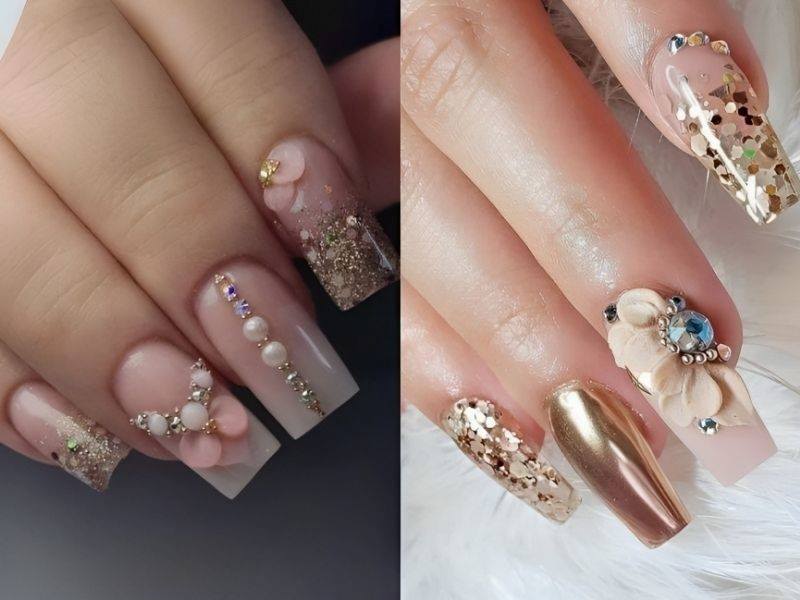 Những mẫu nail kim tuyến đắp bột 3D sinh động