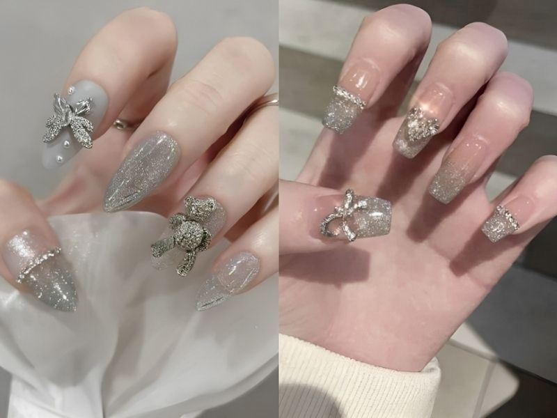 Mẫu nail kim tuyến kết hợp đính charm