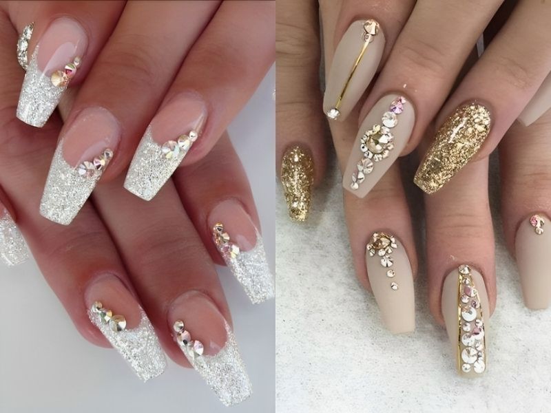 Những mẫu nail kim tuyến kết hợp đính đá đơn giản