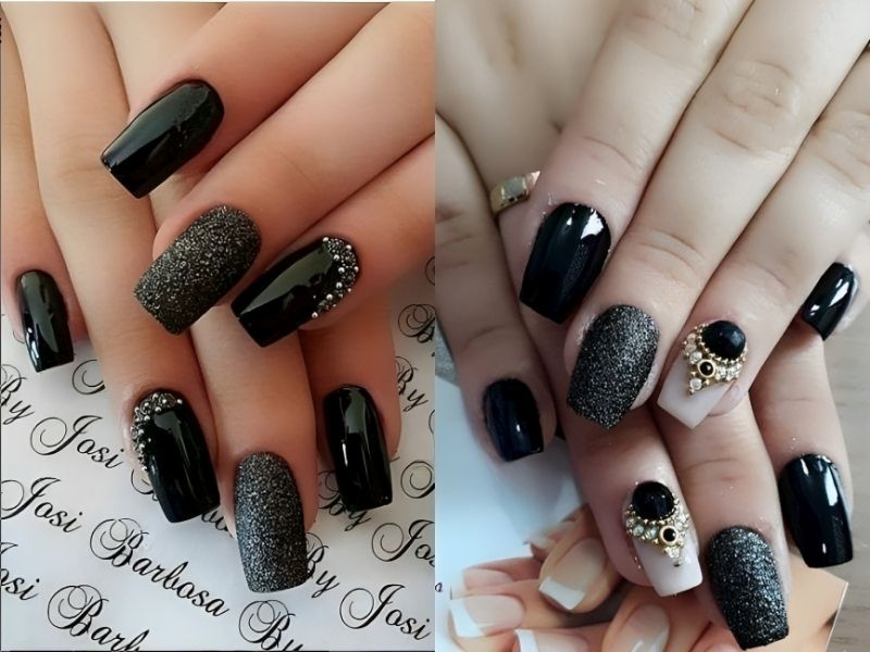 Những mẫu nail đen kim tuyến đính đá lấp lánh 