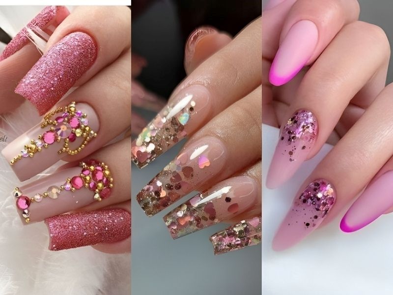 Những mẫu nail kim tuyến màu hồng đẹp mắt