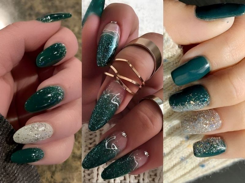 Những mẫu nail tay kim tuyến màu xanh lục đẹp mắt