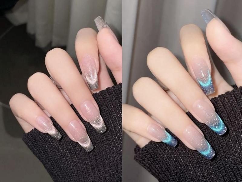 Nail ombre kết hợp mắt mèo tạo nên những thiết kế đẹp mắt