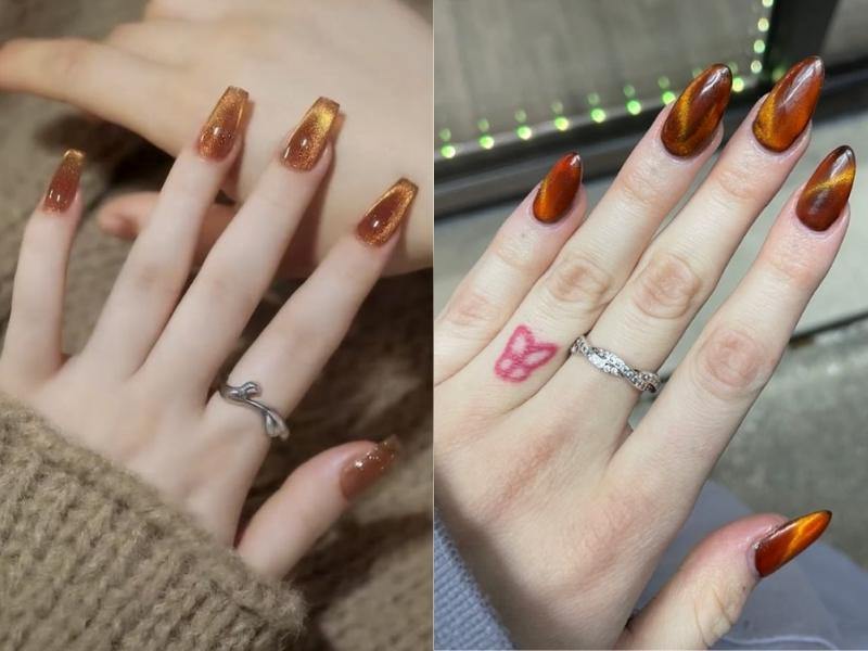 Nail mắt mèo màu nâu dịu dàng và thanh lịch