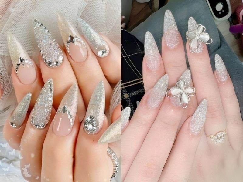 Mẫu nail màu trắng đẹp kim tuyến 