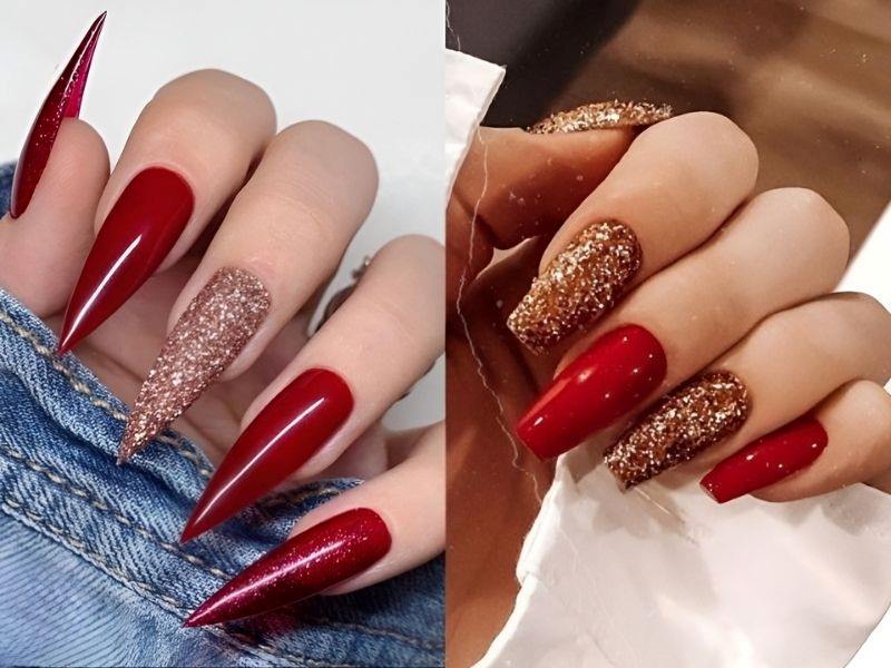 Nail Tết đỏ mix ánh nhũ lung linh