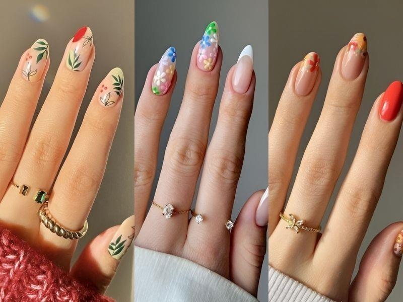 Nail vẽ hoa lá mùa xuân đẹp mắt 