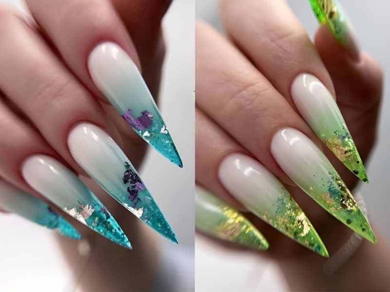 Mẫu nails Tết ombre phối nhũ sang trọng, nổi bật