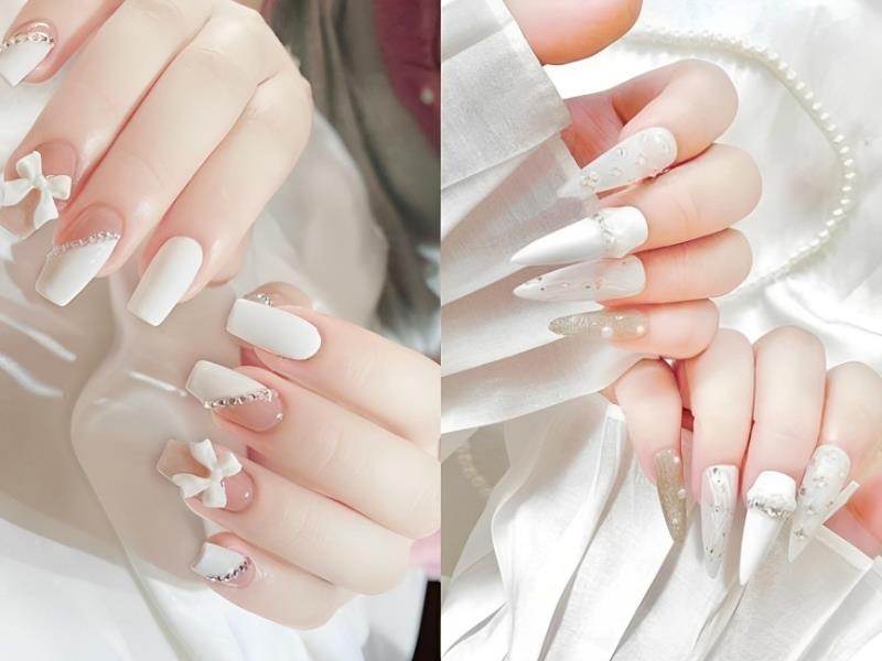 Mẫu nail màu trắng đẹp đính nơ