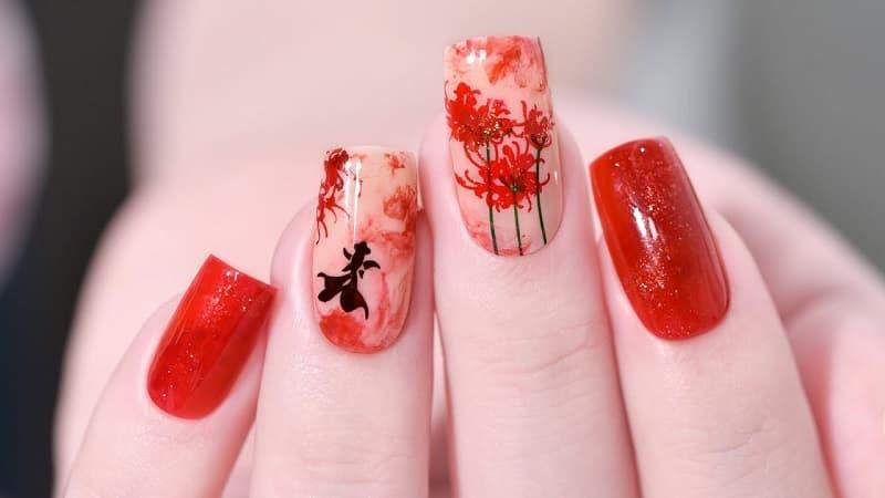 nail phong cảnh màu đỏ 