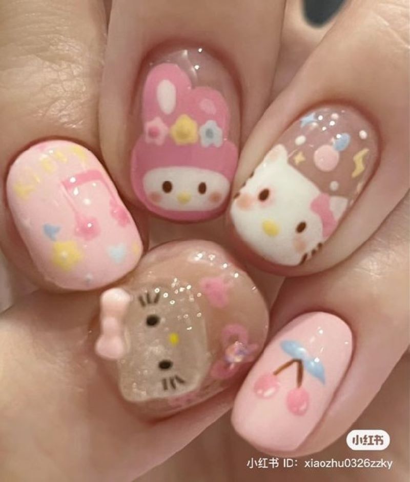 Mẫu nail hello kitty màu hồng siêu yêu