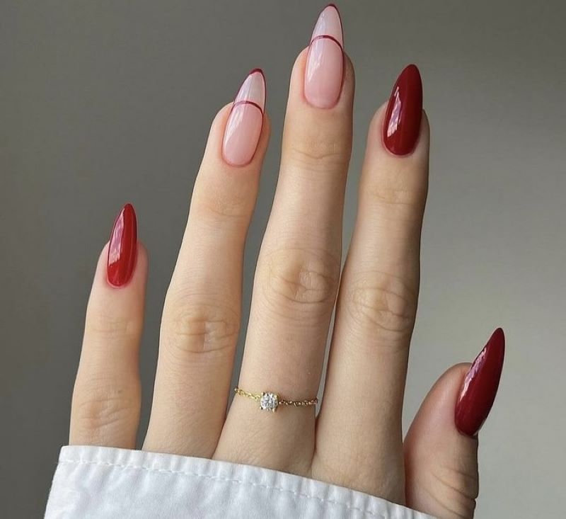 Mẫu nail tay đơn giản sắc độ đỏ giảm dần 