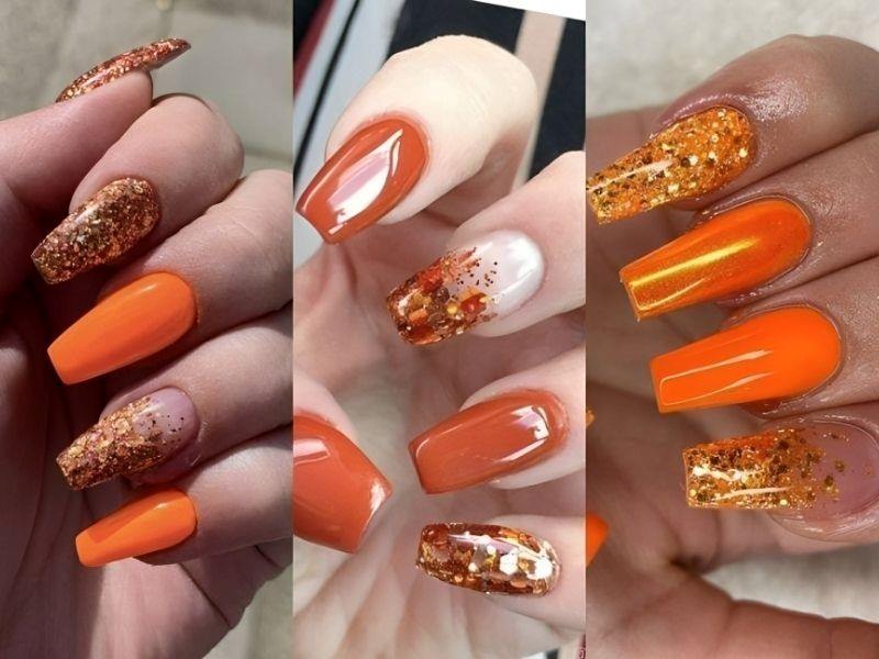 Mẫu nail kim tuyến màu cam ấn tượng, đẹp mắt 