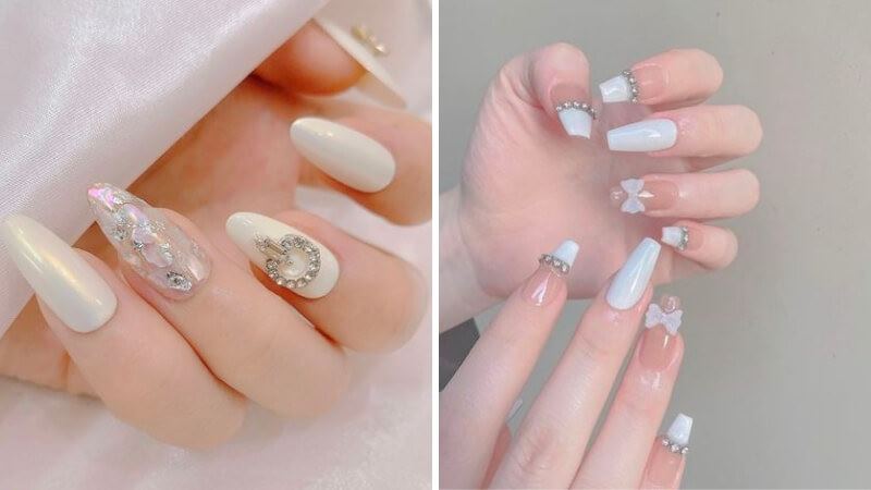 Nail trắng đính đá lung linh rực rỡ