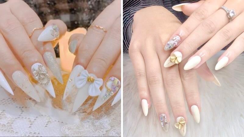 Nail trắng đính đá đẹp lộng lẫy