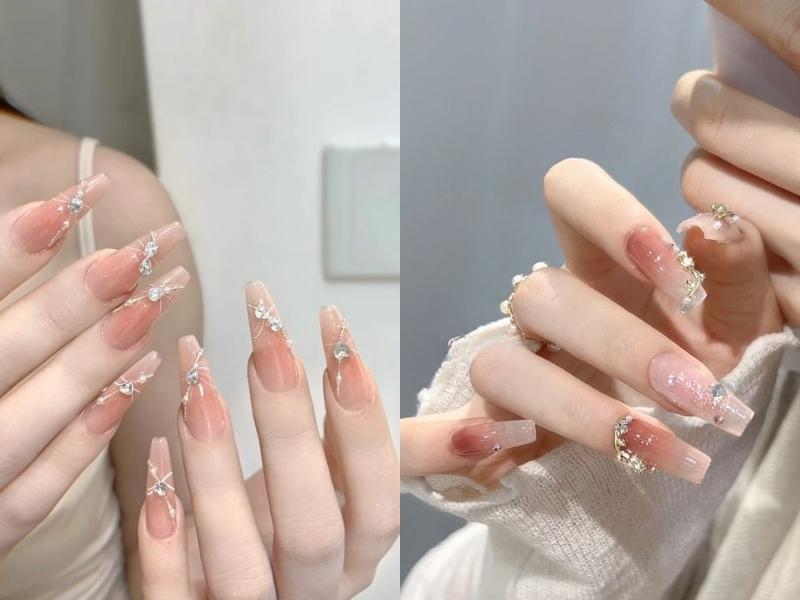 Nail đính đá Hàn Quốc màu hồng vừa ngọt ngào, vừa sang trọng, tinh tế