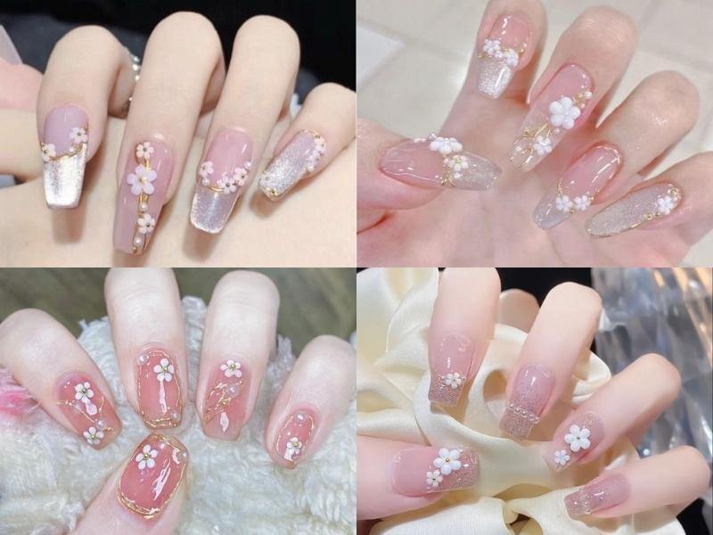 Mẫu nail đính charm hoa Hàn Quốc