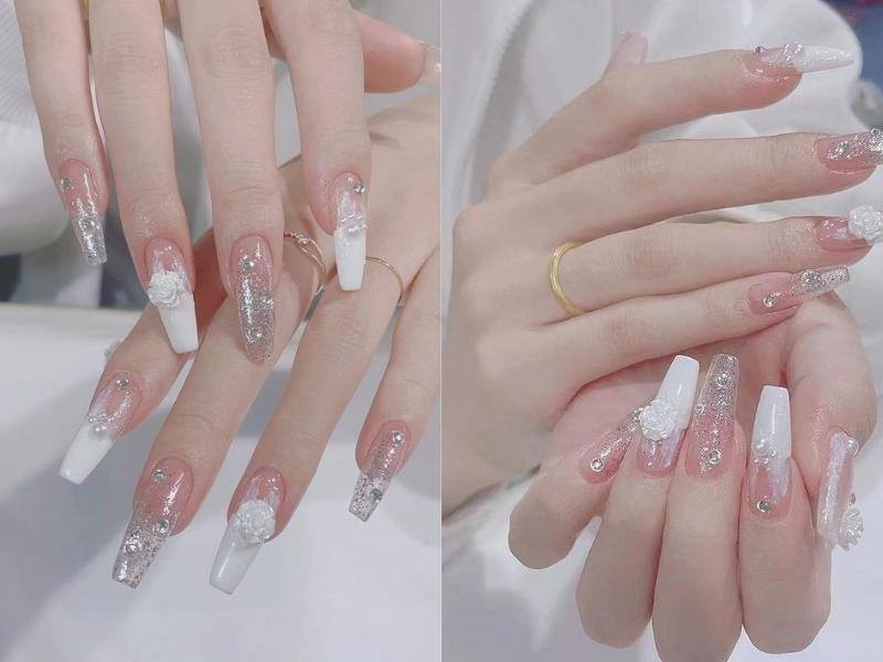 Mẫu nail cô dâu Hàn Quốc đính charm hoa và đính kím tuyến