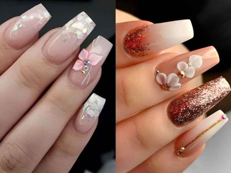 Mẫu nail kim tuyến kết hợp đắp bột đẹp mắt