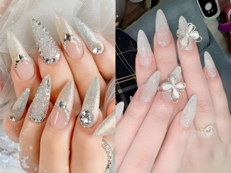 Những mẫu nail kim tuyến màu trắng cho ngày cưới