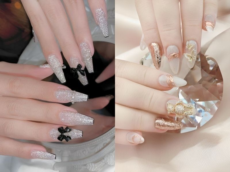 Những mẫu nail tay kim tuyến đính charm đẹp mắt