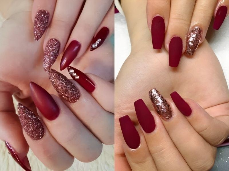 Mẫu nail đỏ kim tuyến lấp lánh đẹp mắt