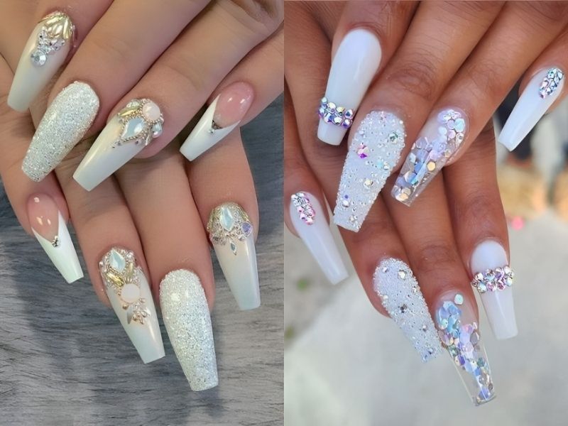 Mẫu nail tay sơn kim tuyến trắng sang trọng