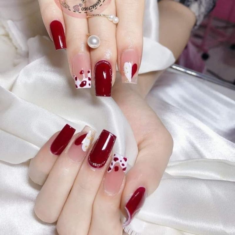 nail đỏ mận phối màu