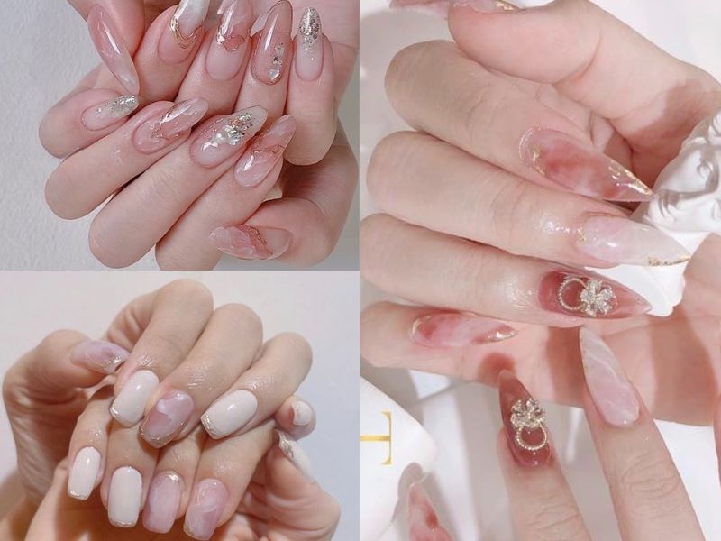 Nail tay họa tiết vân đá tạo hiệu ứng như đá thạch anh hồng lộng lẫy và tinh tế