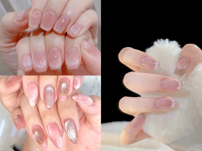 Nail họa tiết mắt mèo sơn màu hồng thạch vừa ngọt ngào, vừa nữ tính, sang trọng