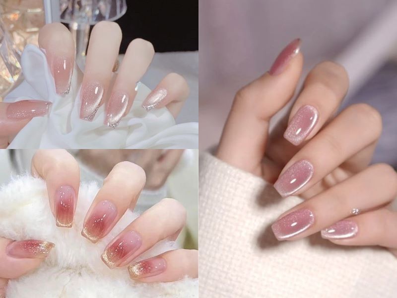 Mẫu nail thạch hồng mắt mèo có hiệu ứng lấp lánh lung linh, huyền ảo, thu hút mọi ánh nhìn