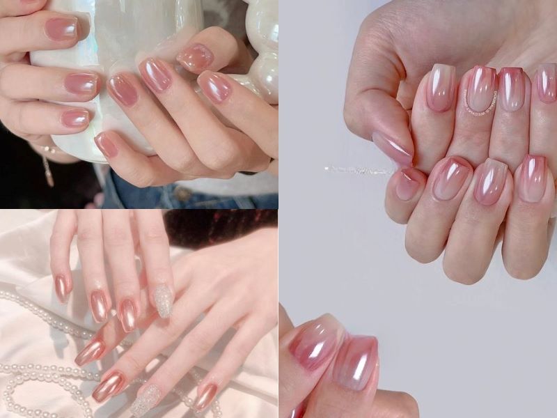 Mẫu nail màu hồng thạch tráng gương với lớp phủ bóng và phản xạ ánh sáng giúp bộ nail thêm nổi bật 