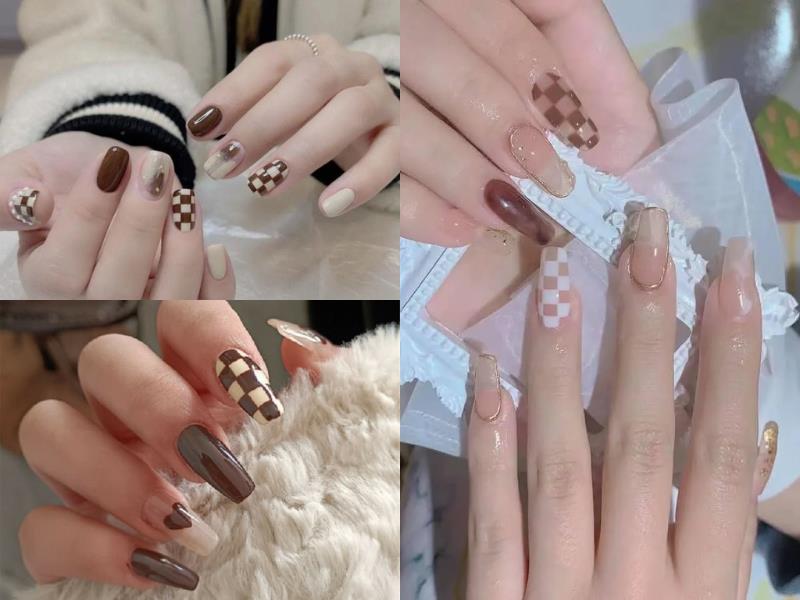 Nail nâu họa tiết caro dễ thương cho các nàng