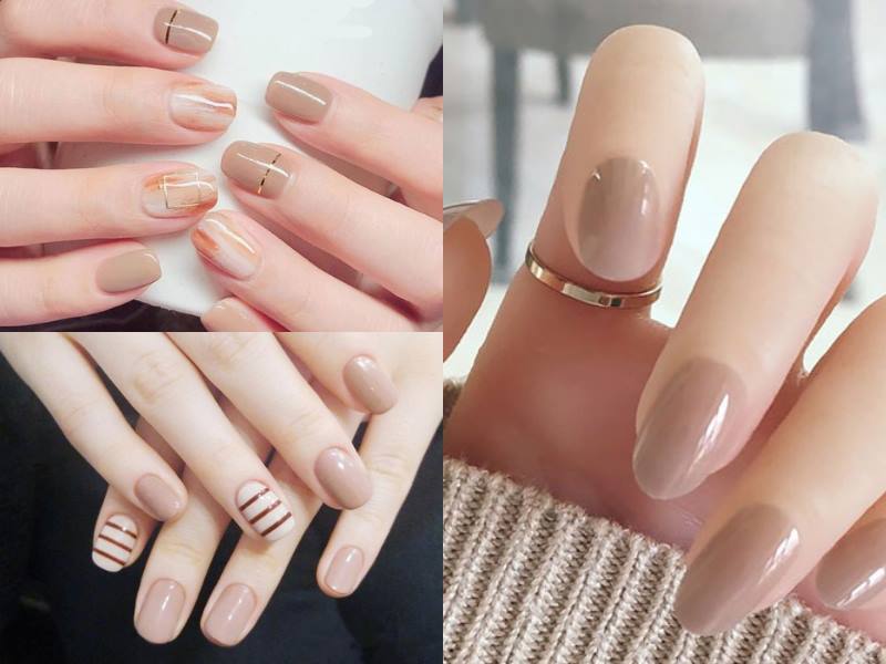 Nail móng tay màu nâu nhạt với đường kẻ trang trí tinh tế 